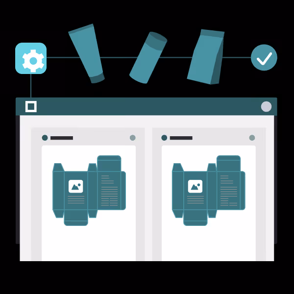 Graphic showing flexible packaging types above a quality control interface with gear and checkmark icons.