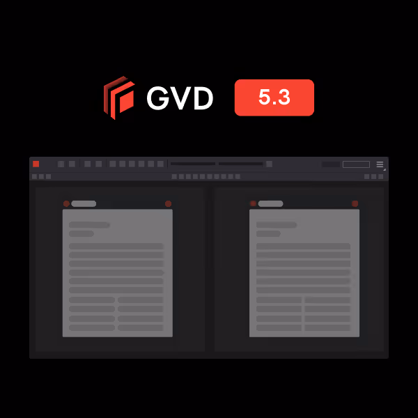 GVD logo with version 5.0 plus displayed above a dark-themed software interface with two document windows.