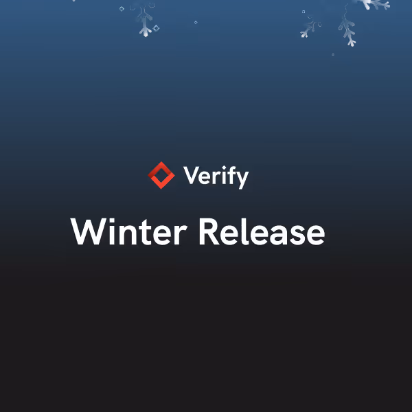 Verify logo above the text 'Winter Release' on a dark blue to black gradient background with falling snowflakes.