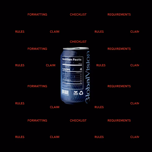 Dark blue can with nutrition facts label, showing 4 calories and vegan and recycling symbols, casting a shadow on a white background.