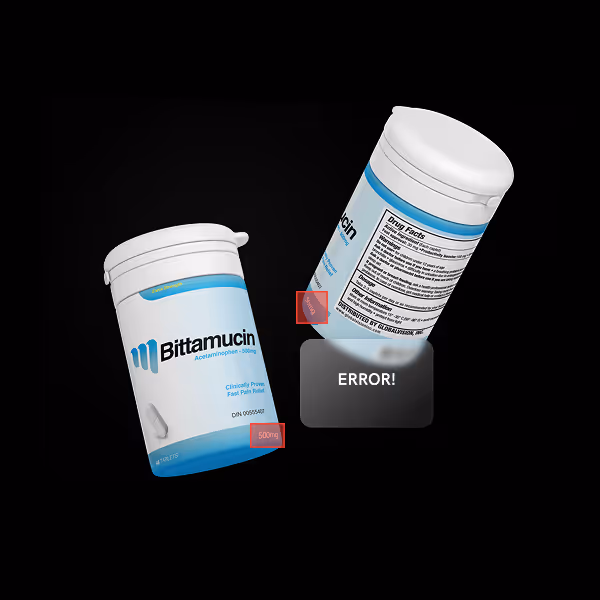 Two white and blue pill bottles labeled Bittamucin with 500mg acetaminophen dosage, one showing the front with branding and the other showing the drug facts label.