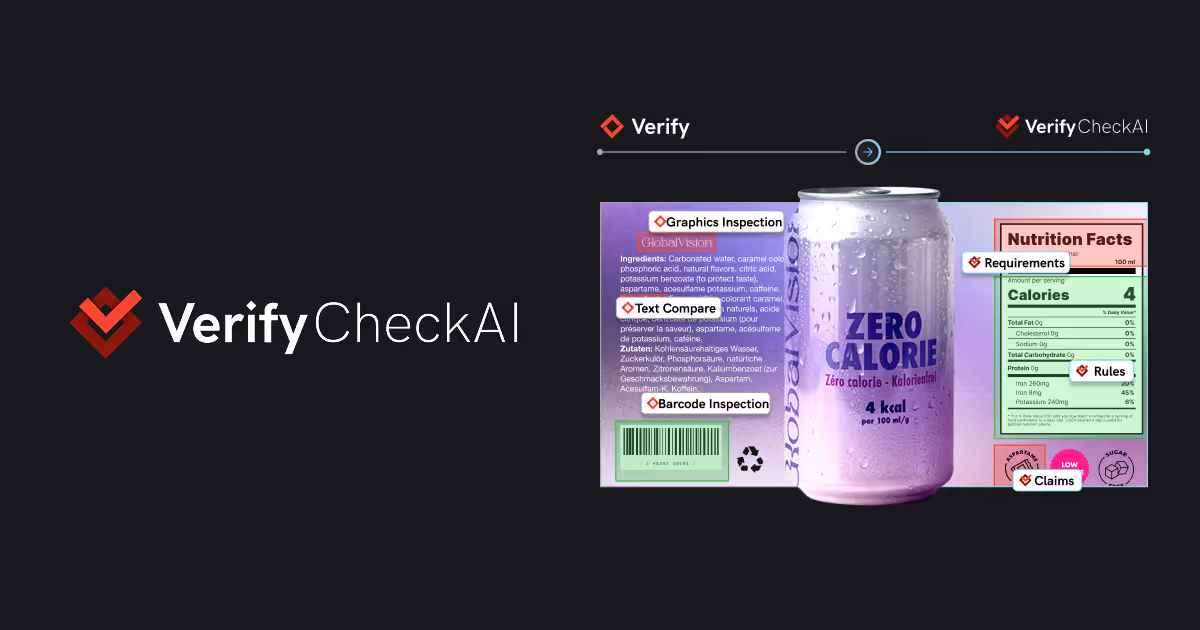 Verify CheckAI logo and product label on can with marked sections for graphics, text, barcode, nutrition, rules, claims.