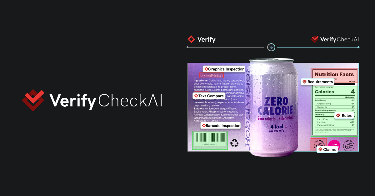 Verify CheckAI logo and product label on can with marked sections for graphics, text, barcode, nutrition, rules, claims.