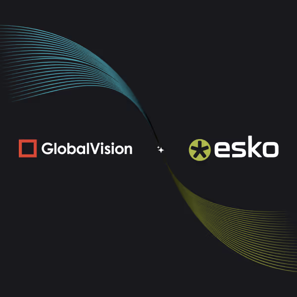 Logos of GlobalVision and Esko connected by flowing blue and green lines on black background.