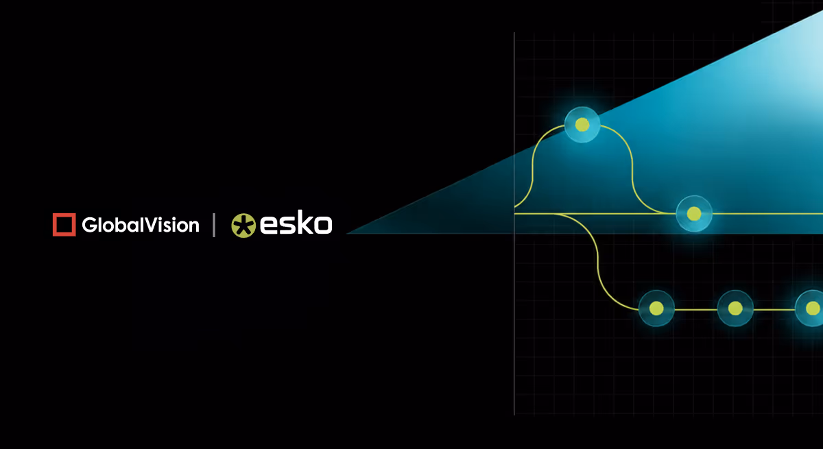 Logos GlobalVision et Esko sur un fond sombre avec un graphique stylisé de lignes jaunes et de nœuds lumineux.