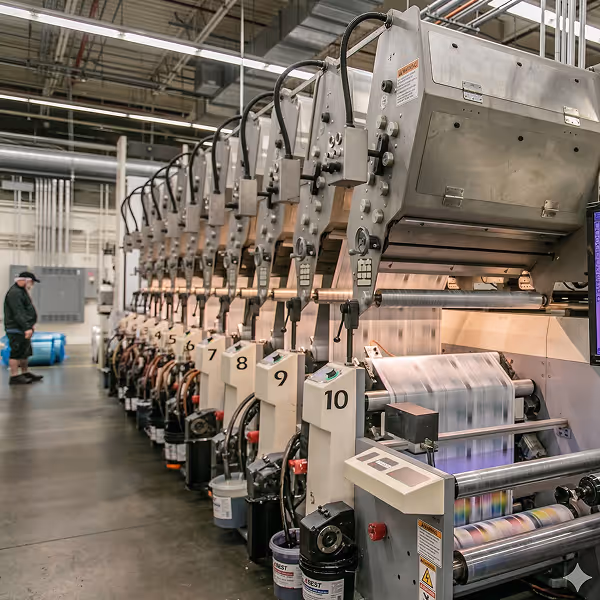 Numbered industrial printing machines in a row operating inside a factory with a worker in the background.