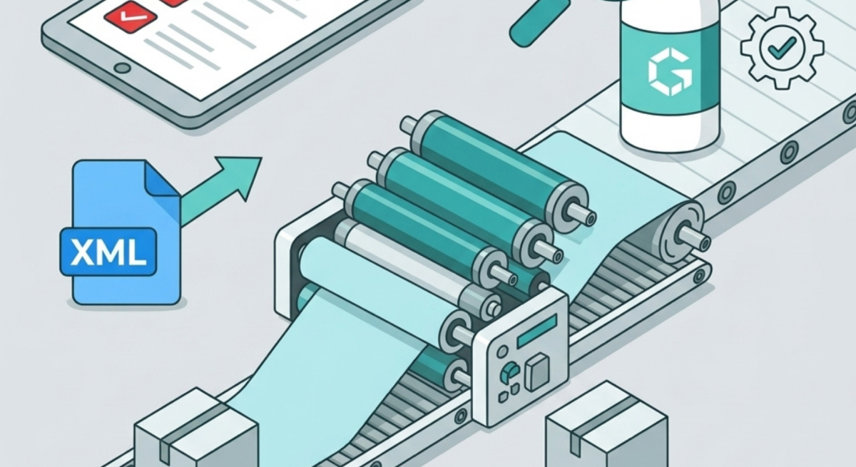 Illustration of a printing press with rollers printing on tape and icons representing XML file and packaging.