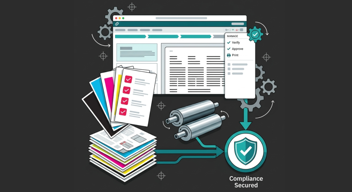 Illustration of printed sheets, verification checklist, and printing rollers leading to a compliance secured shield.