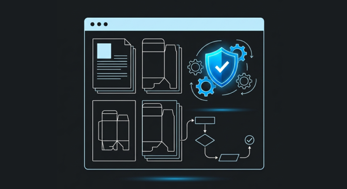 Digital packaging design and production process interface with shield and gears symbolizing quality assurance.