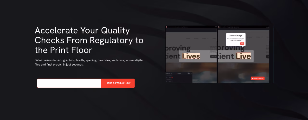 Webpage with text about accelerating quality checks and a product tour button on a dark background.
