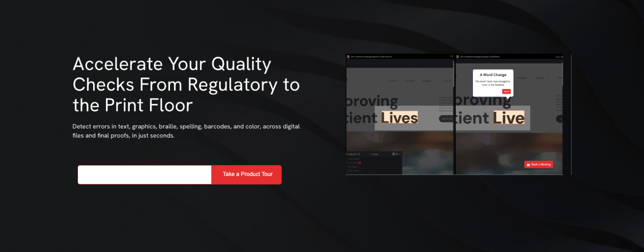 Webpage with text about accelerating quality checks and a product tour button on a dark background.