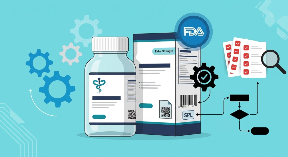Flacon et boîte de médicaments avec codes QR, logo FDA, liste de contrôle, engrenages et symboles de flux de processus.
