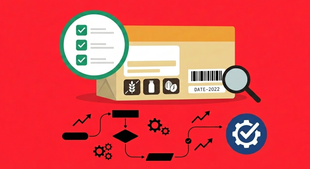Illustration einer Lebensmittelverpackung mit Symbolen, Checkliste, Barcode und Prozessablauf mit Prüfungszahnrädern.