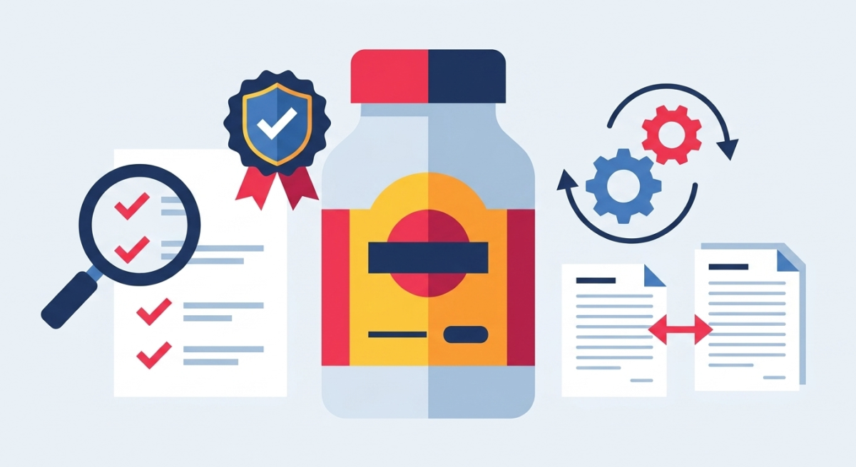 Illustration zur Qualitätskontrolle bei Verpackungen mit Checkliste, Schild-Symbol, Zahnrädern und Dokumenten rund um eine Produktflasche.