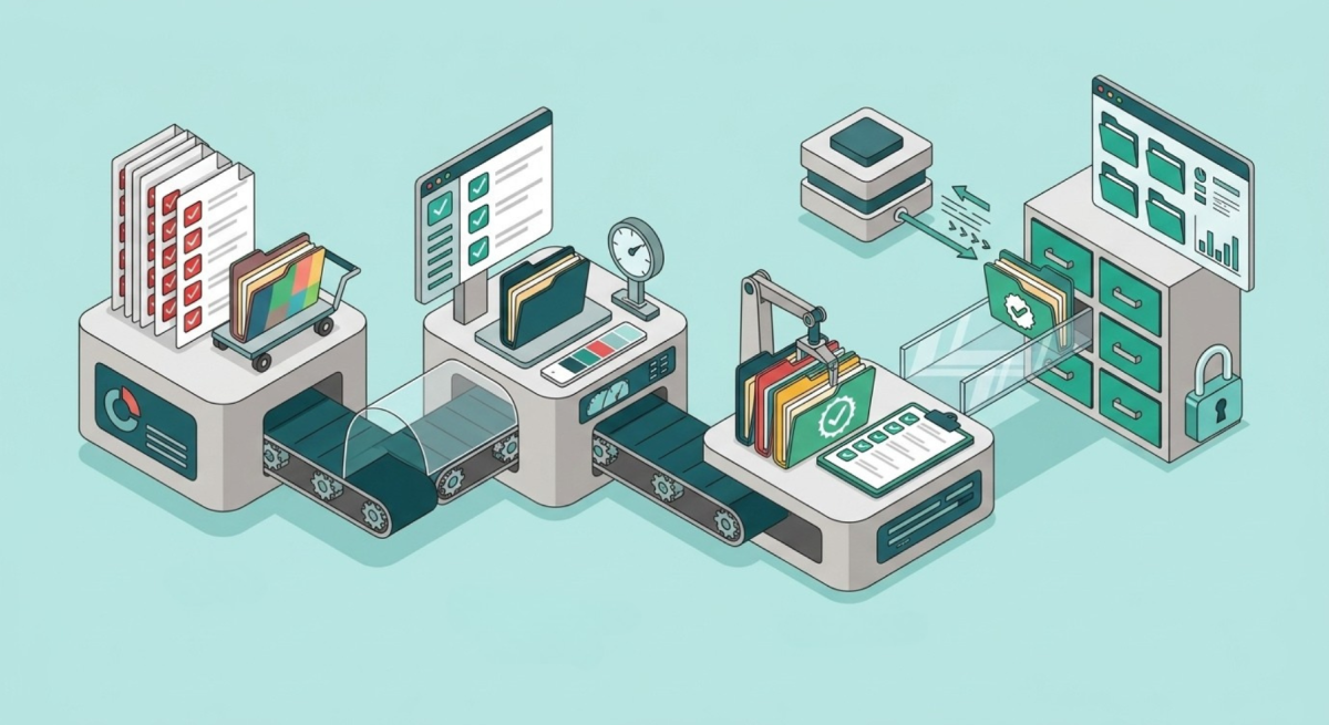 Illustration of a digital workflow processing files through automated compliance checks and secure storage.