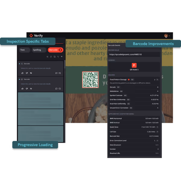 Screenshot showing barcode inspection tabs, a QR code, and detailed barcode analysis results.