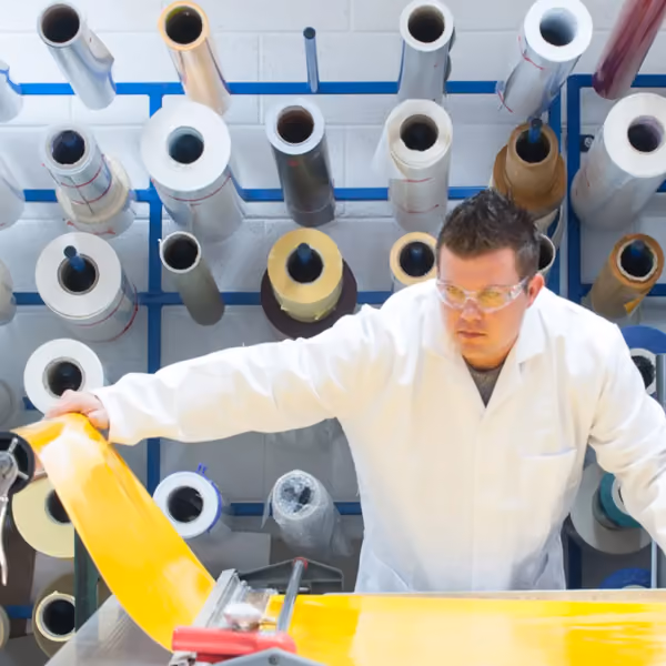 Person in white lab coat working with yellow film material near multiple large roll spools.