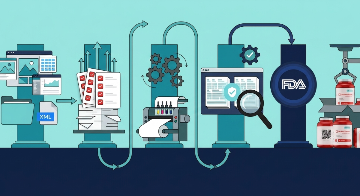 Illustration eines Verpackungs- und Druck-Workflows mit XML-Daten, Qualitätsprüfungen, Druck und FDA-Zulassung.