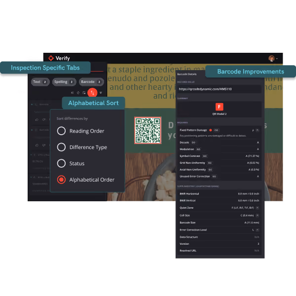 Screenshot showing barcode inspection tabs, a QR code, and detailed barcode analysis results.