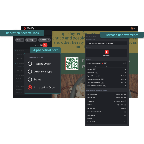Screenshot showing barcode inspection tabs, a QR code, and detailed barcode analysis results.