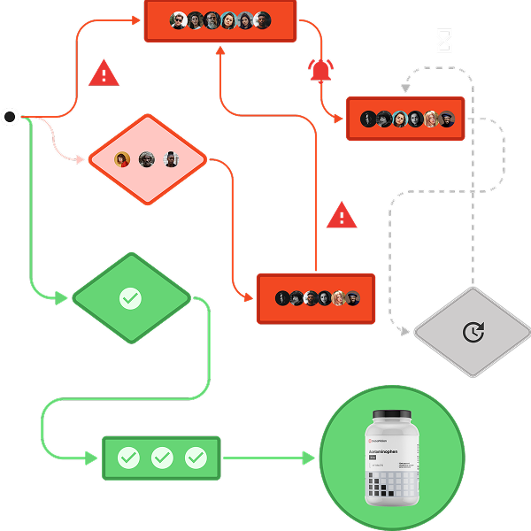 Flowchart with green and red paths showing approval process leading to a supplement bottle image.