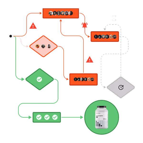 Flowchart with green and red paths showing approval process leading to a supplement bottle image.