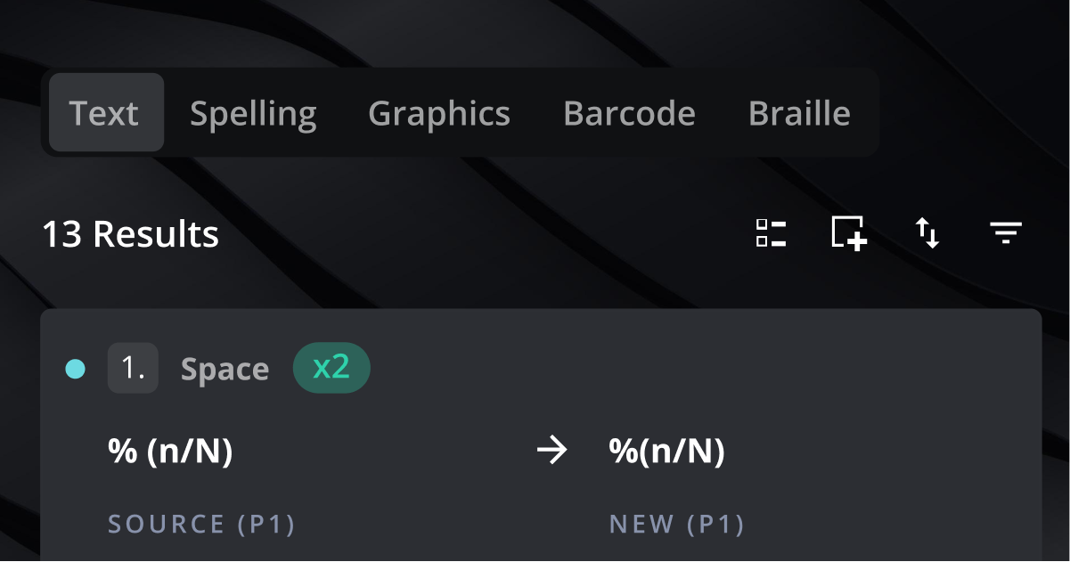 Text tab selected with 13 results showing a space error marked x2 in source and new text percentages.