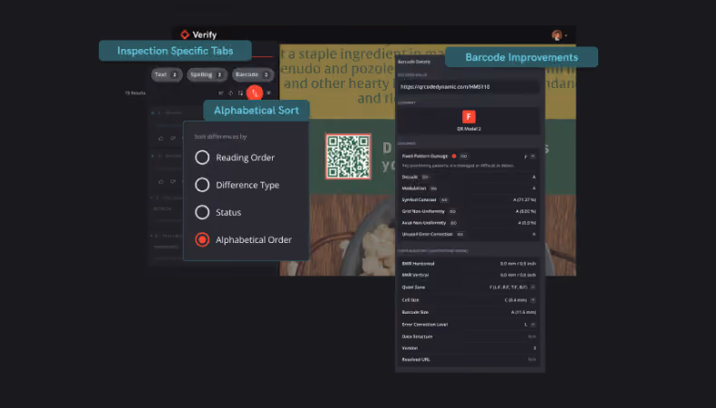 Screenshot showing barcode inspection tabs, a QR code, and detailed barcode analysis results.