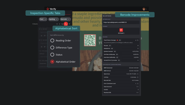 Screenshot showing barcode inspection tabs, a QR code, and detailed barcode analysis results.