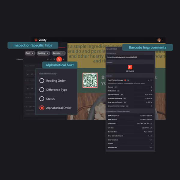 Screenshot showing barcode inspection tabs, a QR code, and detailed barcode analysis results.