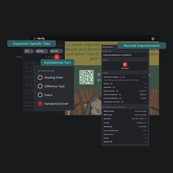 Screenshot showing barcode inspection tabs, a QR code, and detailed barcode analysis results.