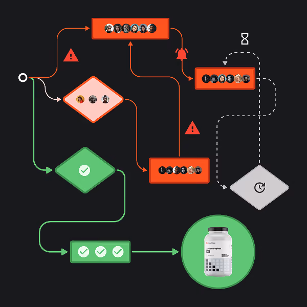 Flowchart with green and red paths showing approval process leading to a supplement bottle image.