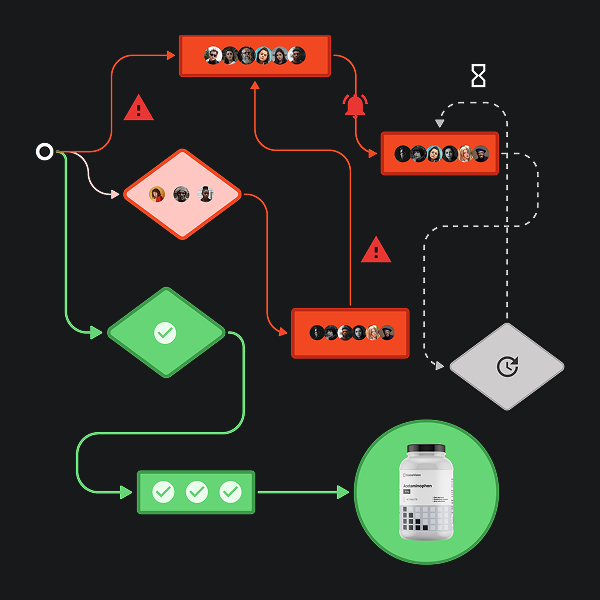 Flowchart with green and red paths showing approval process leading to a supplement bottle image.