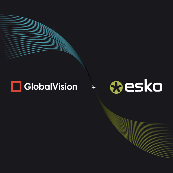 Logos of GlobalVision and Esko connected by flowing blue and green lines on black background.