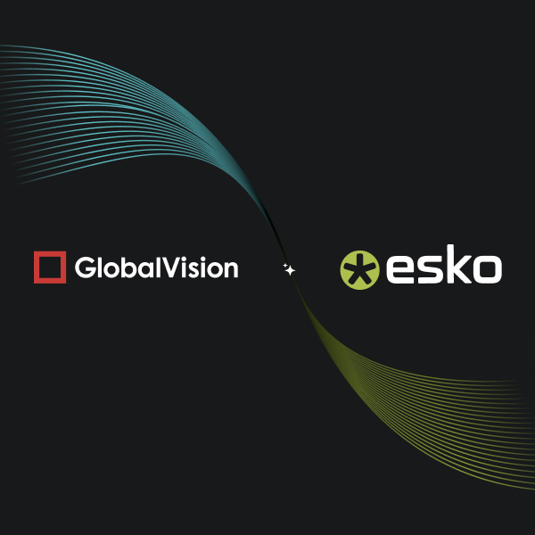 Logos of GlobalVision and Esko connected by flowing blue and green lines on black background.