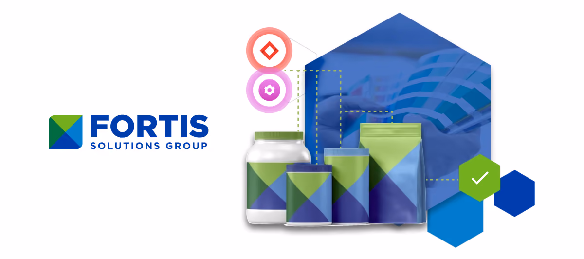 Fortis Solutions Group logo next to a group of containers with green and blue geometric designs, overlaid on a blue hexagonal shape showing a hand using a color swatch book, with additional colored hexagons and icons around.