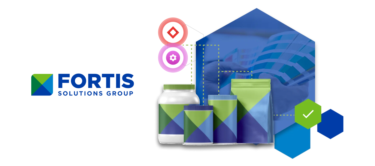 Fortis Solutions Group logo next to a group of containers with green and blue geometric designs, overlaid on a blue hexagonal shape showing a hand using a color swatch book, with additional colored hexagons and icons around.