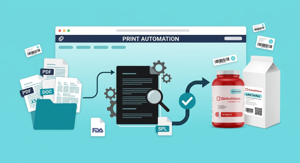 Illustration showing print automation workflow with documents in various formats like PDF and DOC feeding into a central process with gears and magnifying glass, producing validated labels for a red pill bottle and a white carton, both labeled GlobalVision.