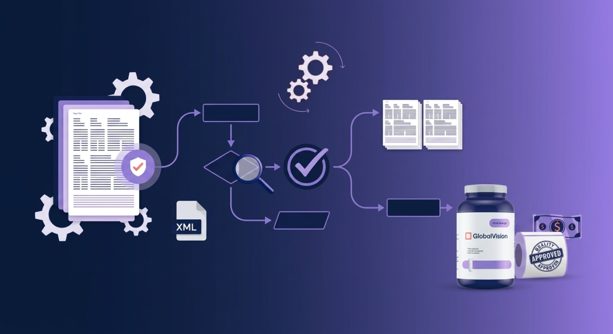 Illustration of a packaging automation workflow showing document processing with gears, XML file, decision points, and final approval of a labeled product bottle and approved stamp.