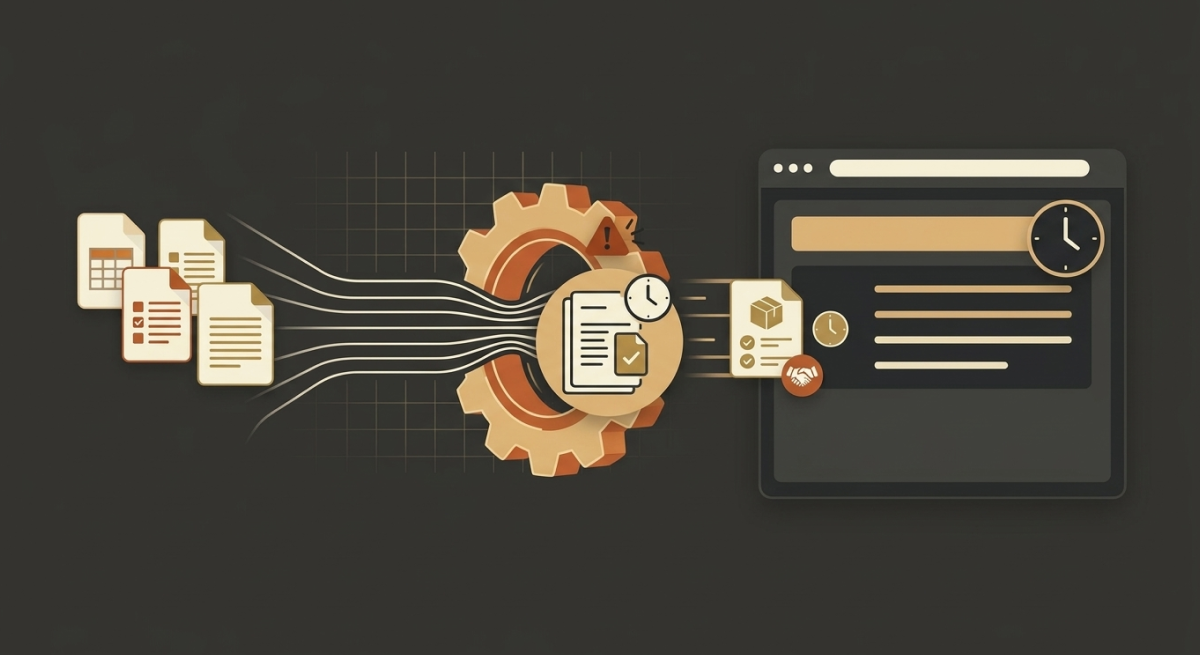 Illustration showing multiple documents merging into a cogwheel mechanism, transforming into a single document with a clock and checkmark, then leading to a webpage interface with icons of a clock, package, and handshake, symbolizing streamlined processing and time management.