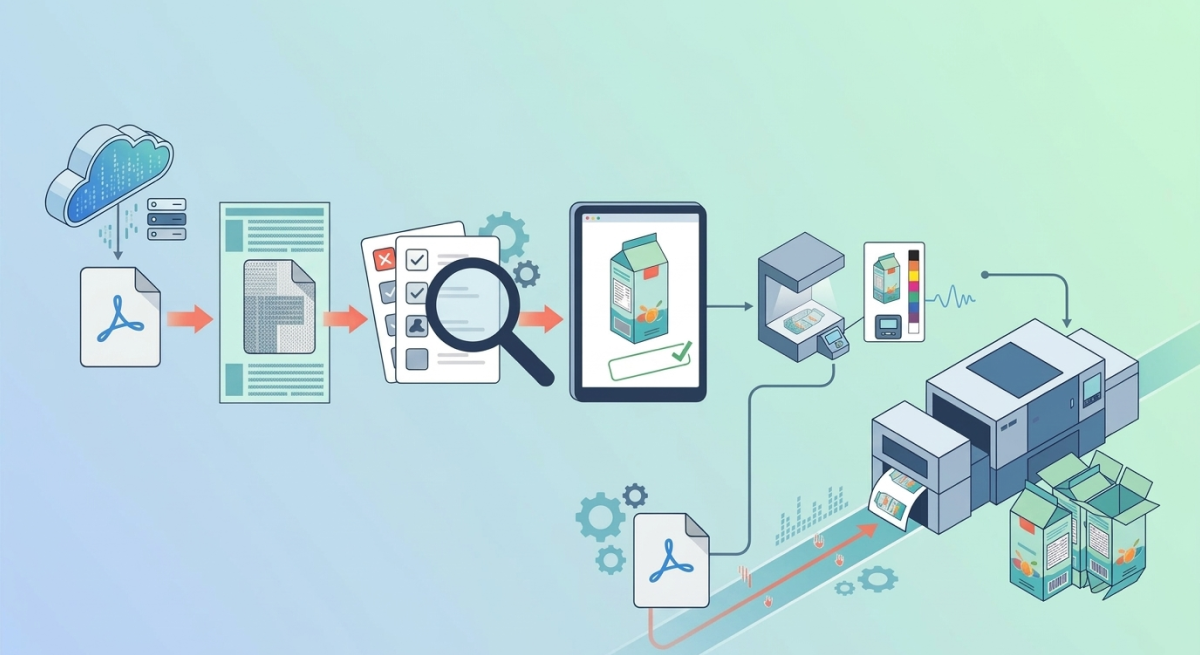 Illustration of prepress workflow for packaging: a PDF file is downloaded from the cloud, then processed and checked with checklists, followed by on-screen review of packaging design on a tablet; proof printing and color calibration on a device; final printing of boxes with the packaging design on a digital printer.