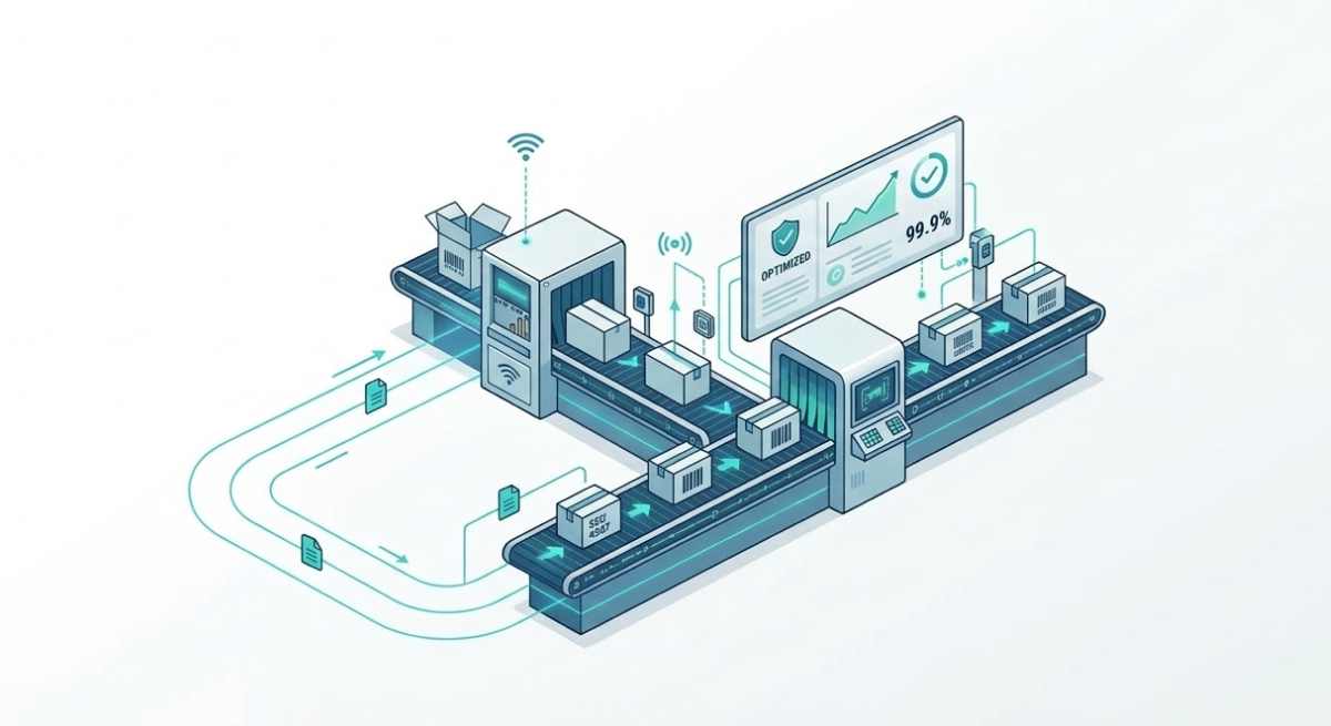 Illustration of a smart manufacturing packaging line with conveyor belts transporting boxes, connected devices, and a screen showing optimized process statistics and 99.9% efficiency.