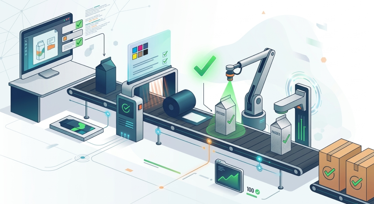 Illustration of an automated quality control production line with a conveyor belt carrying cartons and packages, inspection robots scanning items, digital screens showing verification checkmarks and data analytics, and packages being boxed with green checkmarks indicating passed quality checks.