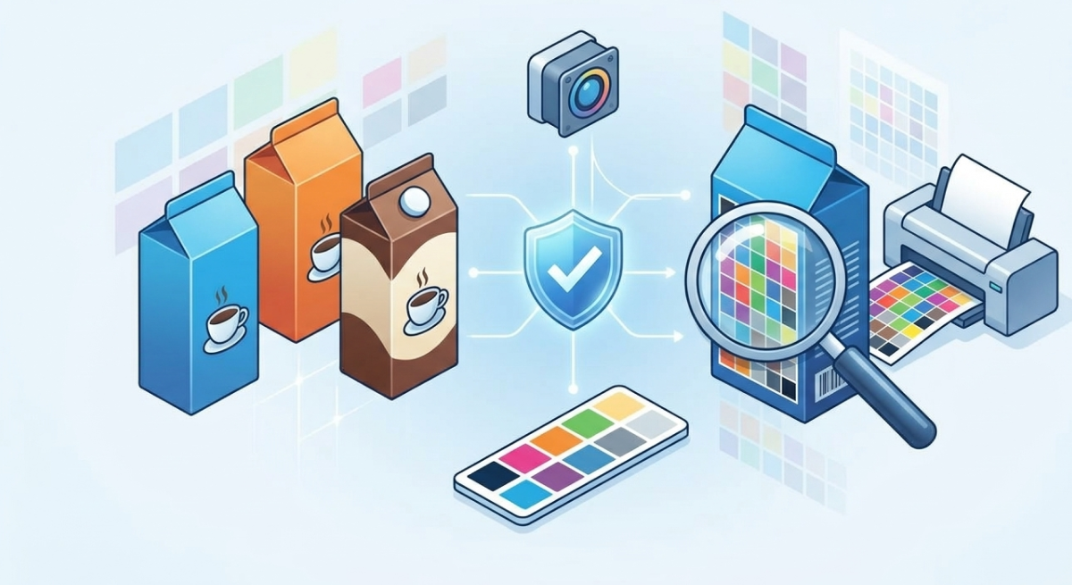 Illustration showing color management in packaging with coffee cartons, a color palette, a camera icon, a shield with a checkmark, a magnifying glass inspecting color accuracy on a blue carton, and a color printer outputting a color test page.