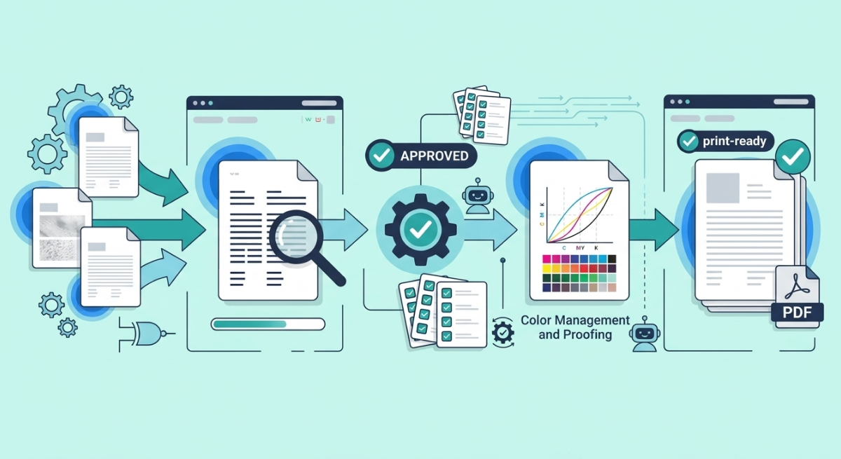 Illustration of a printing workflow software process showing documents going through stages: input files with gears, document review with magnifying glass, approval with checkmark and robot icon, color management and proofing with color curves and swatches, and final print-ready PDF output with checkmark.