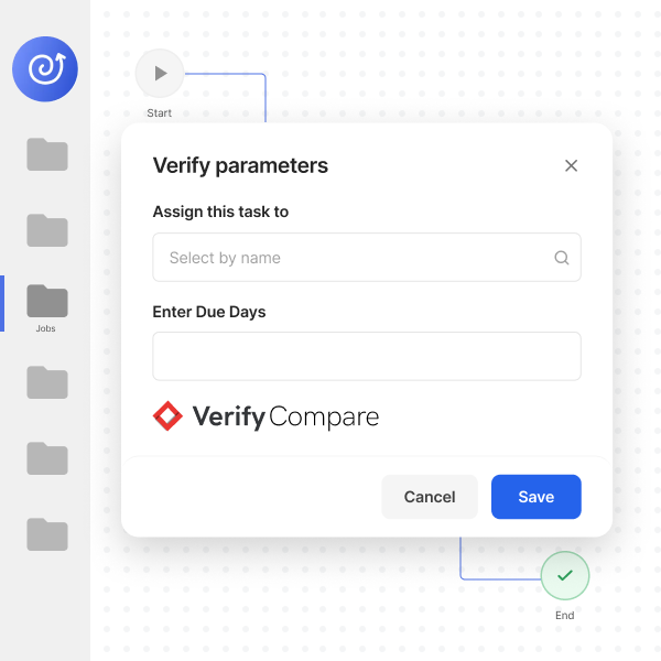 User interface window titled 'Verify parameters' with fields to assign a task by name and enter due days, featuring Cancel and Save buttons, part of a workflow from Start to End steps with checkmarks, and a sidebar with folder icons labeled Jobs.