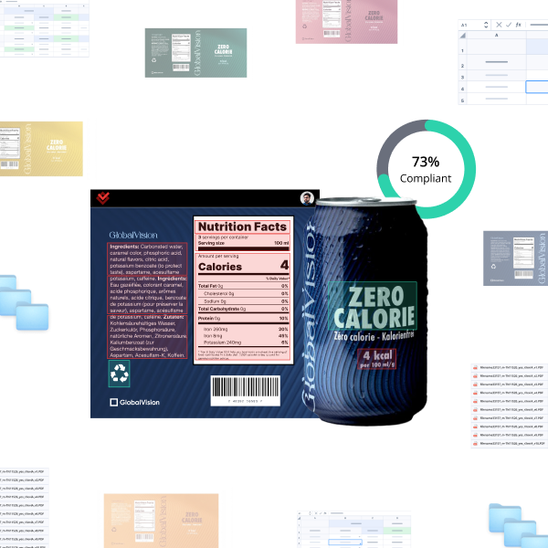 Graphic showing 'SKU explosion’ (many labels) to visualize the pain point of the customer of keeping up with several SKU variations for each flavour, market etc. + Zoomed in label in center with a few compliance errors caught by Verify Comply.