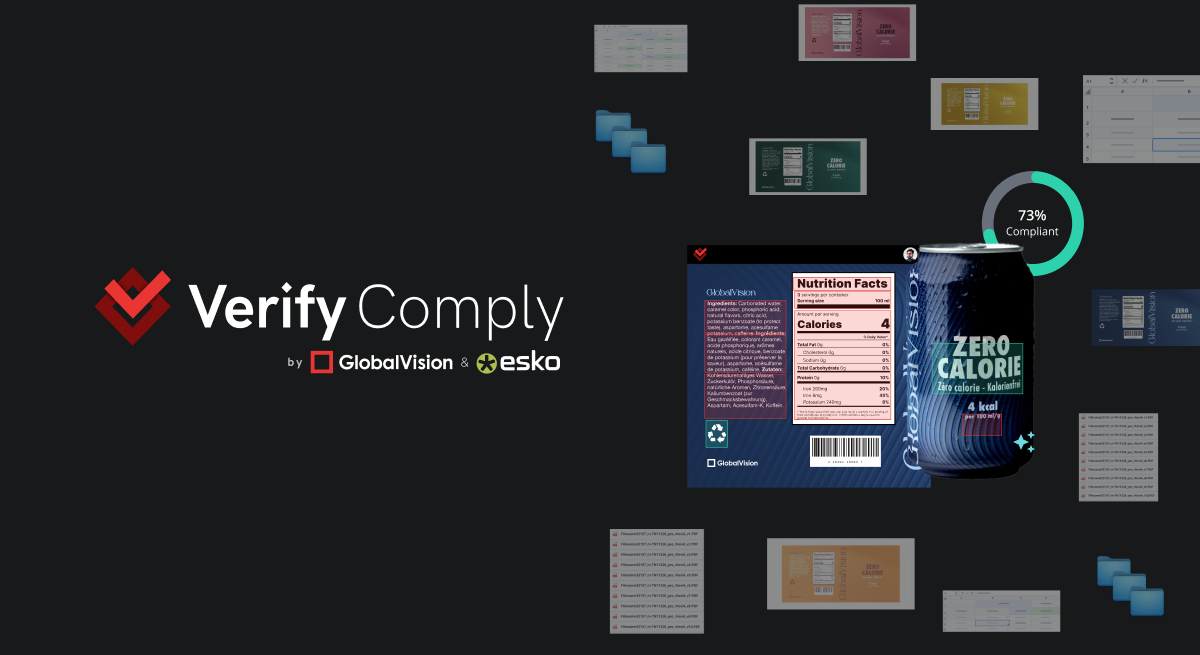 Logotipo de Verify Comply con los logotipos de GlobalVision y Esko a la izquierda sobre un fondo negro; a la derecha, una lata de bebida azul con la etiqueta "Zero Calorie", una tabla de información nutricional a juego y un gráfico de cumplimiento que muestra un 73% de conformidad, rodeado de varios iconos de documentos digitales, carpetas y etiquetas.