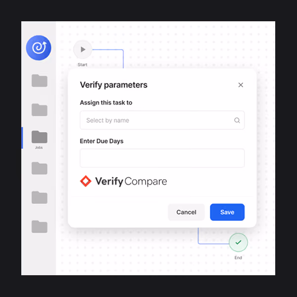 User interface window titled 'Verify parameters' with fields to assign a task by name and enter due days, featuring Cancel and Save buttons, part of a workflow from Start to End steps with checkmarks, and a sidebar with folder icons labeled Jobs.