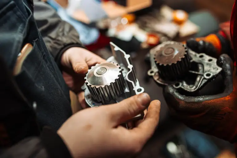 replacement of the water pump of the car, two pumps in the hands of auto mechanics, old damaged and new.